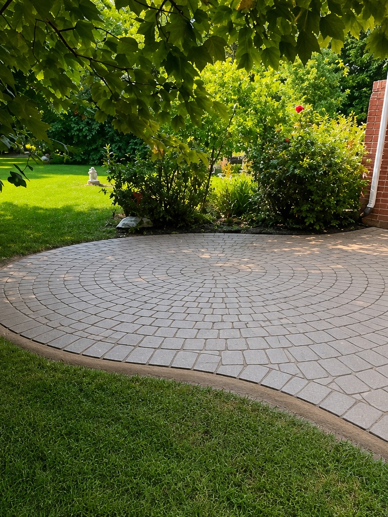 Restored circular paver patio after professional cleaning and sealing