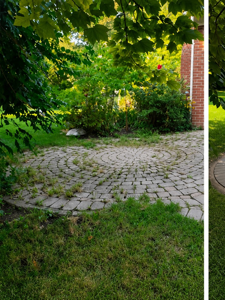 Weedy circular paver patio before restoration