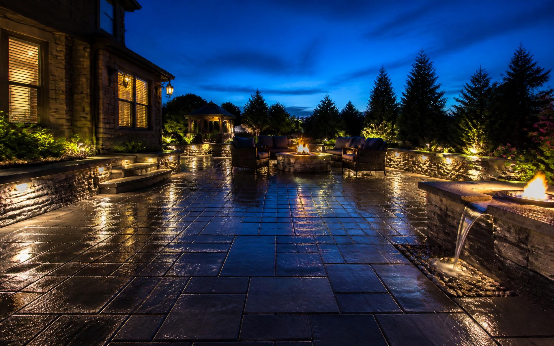 Restored paver patio at blue hour